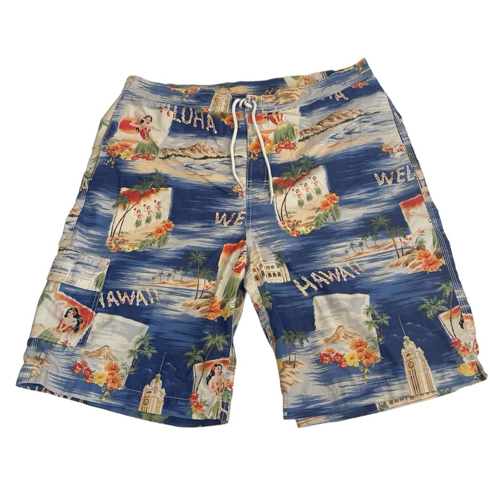 Vintage Polo Ralph Lauren Blue Hawaii Hulu Girl Floral Palm Swim Trunks Sz XL